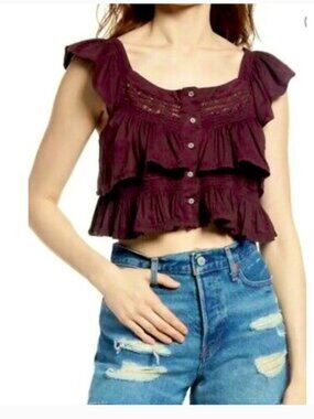 Free People Sunny Days Lace Ruffle Crop Top- Wine